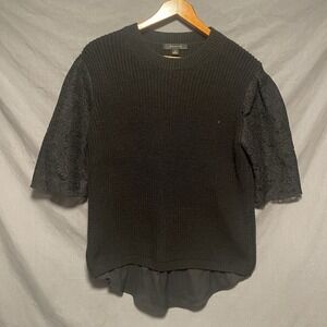 Ann Taylor Women's S Sweater Black Ribbed Knit Half Sleeve Lace Crew Neck Blouse